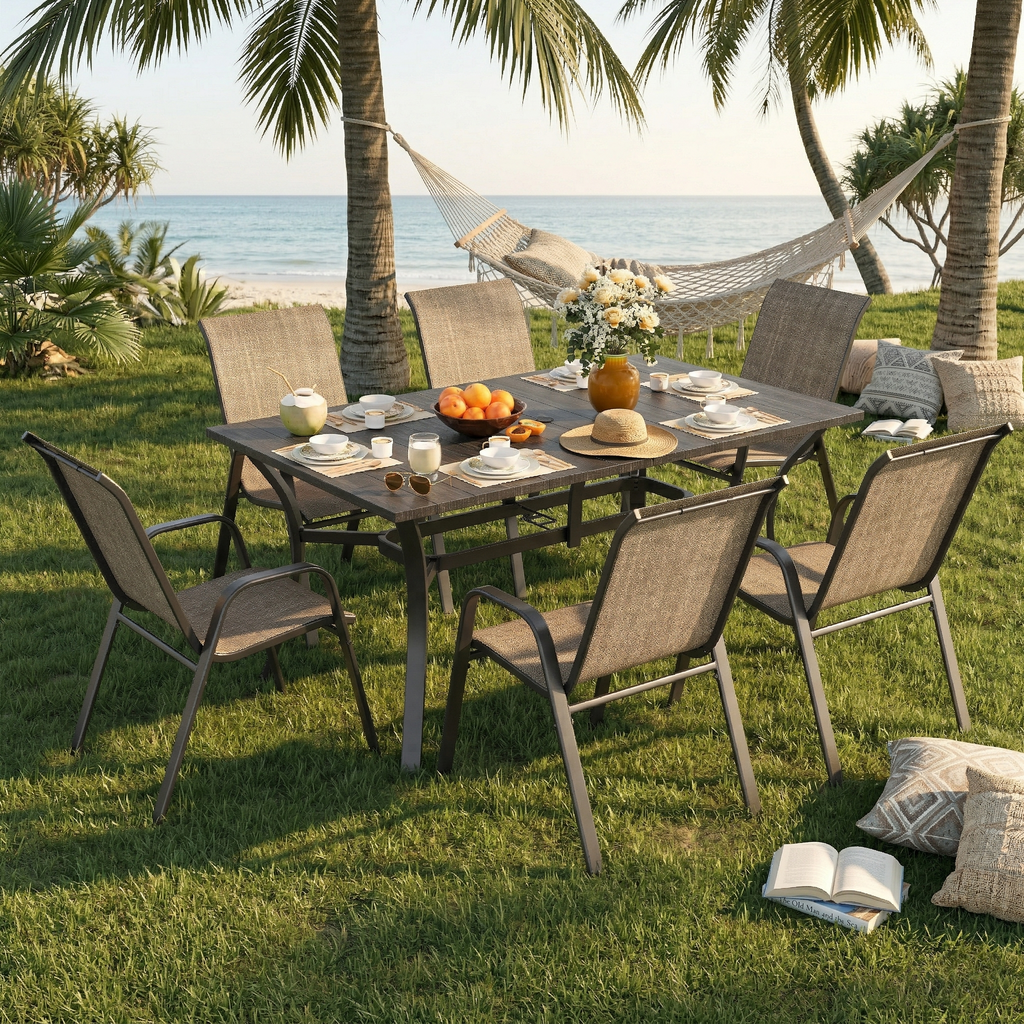 7-Piece Outdoor Patio Dining Set, 63' x 38' Rectangular Wood-Grain Metal Table