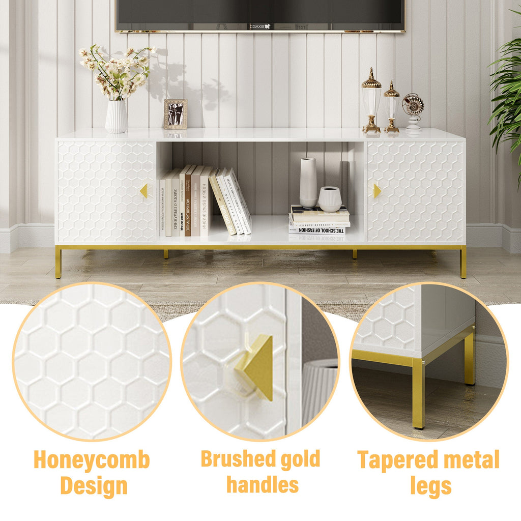 TV Stand Fireplace Space MDF White Honeycomb Door Gold Legs 80 LB 70 In