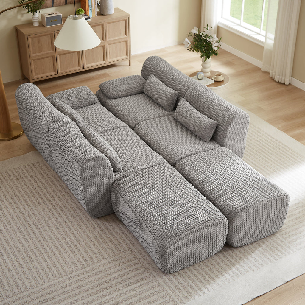Sectional Sofa U-Shape Convertible Corduroy Gray 6 Seat Ottoman