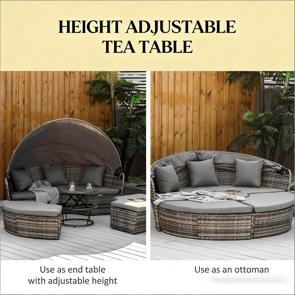Outdoor Round Daybed Set PE Rattan Gray 4 Piece Canopy 352 lb Capacity