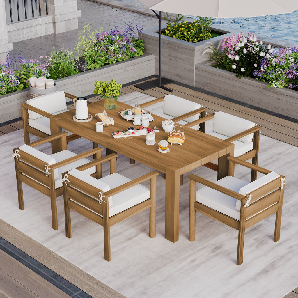 Outdoor Dining Set Acacia Wood Light Teak 7 Piece Rectangle Seats 6