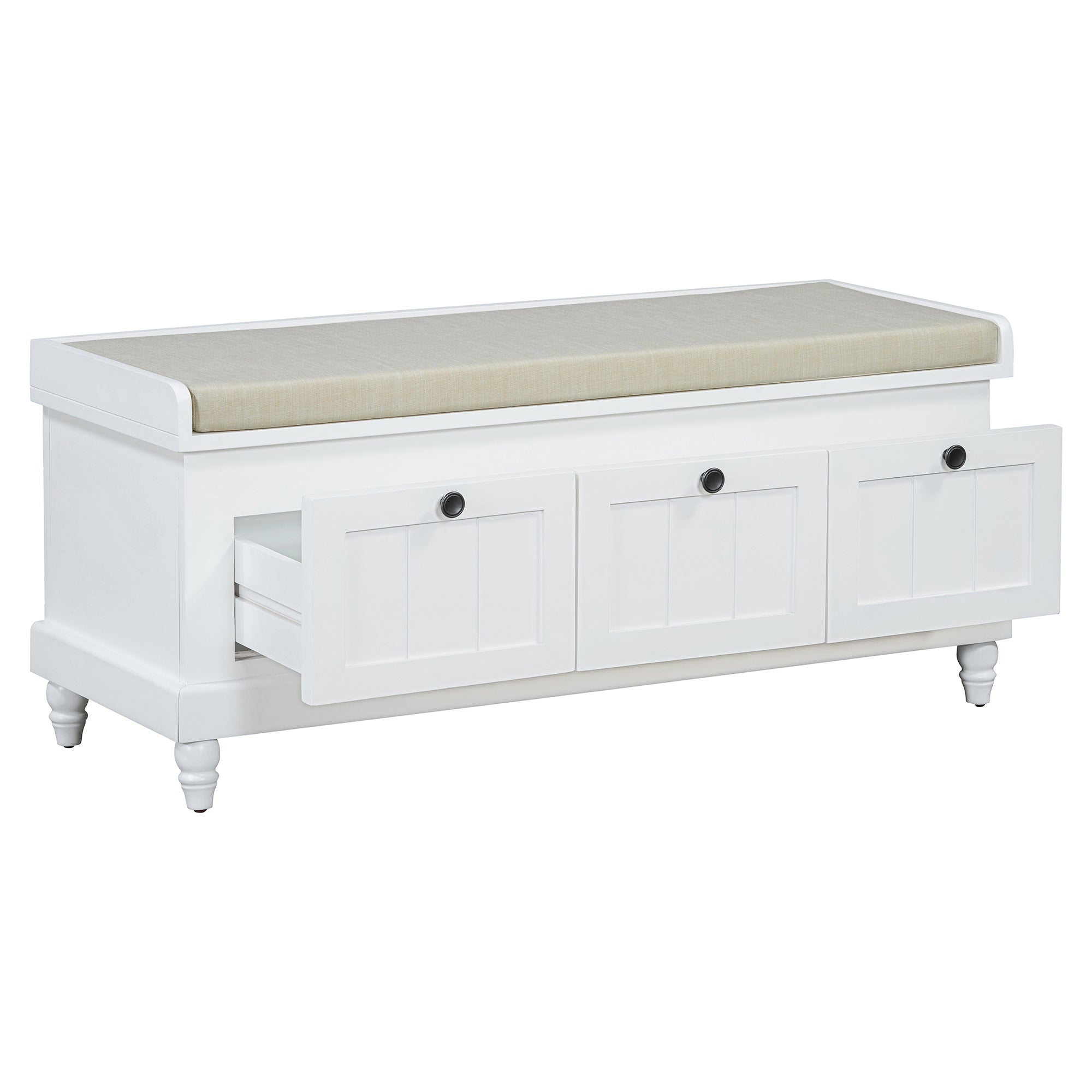 Entry Bench Fluted MDF White Cushioned Seat 3 Drawers 44x16x19