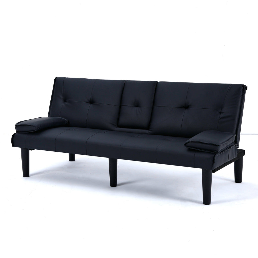 67-inch Black PVC Multi-Functional Sofa Bed with Foldable Design and Cup Holder