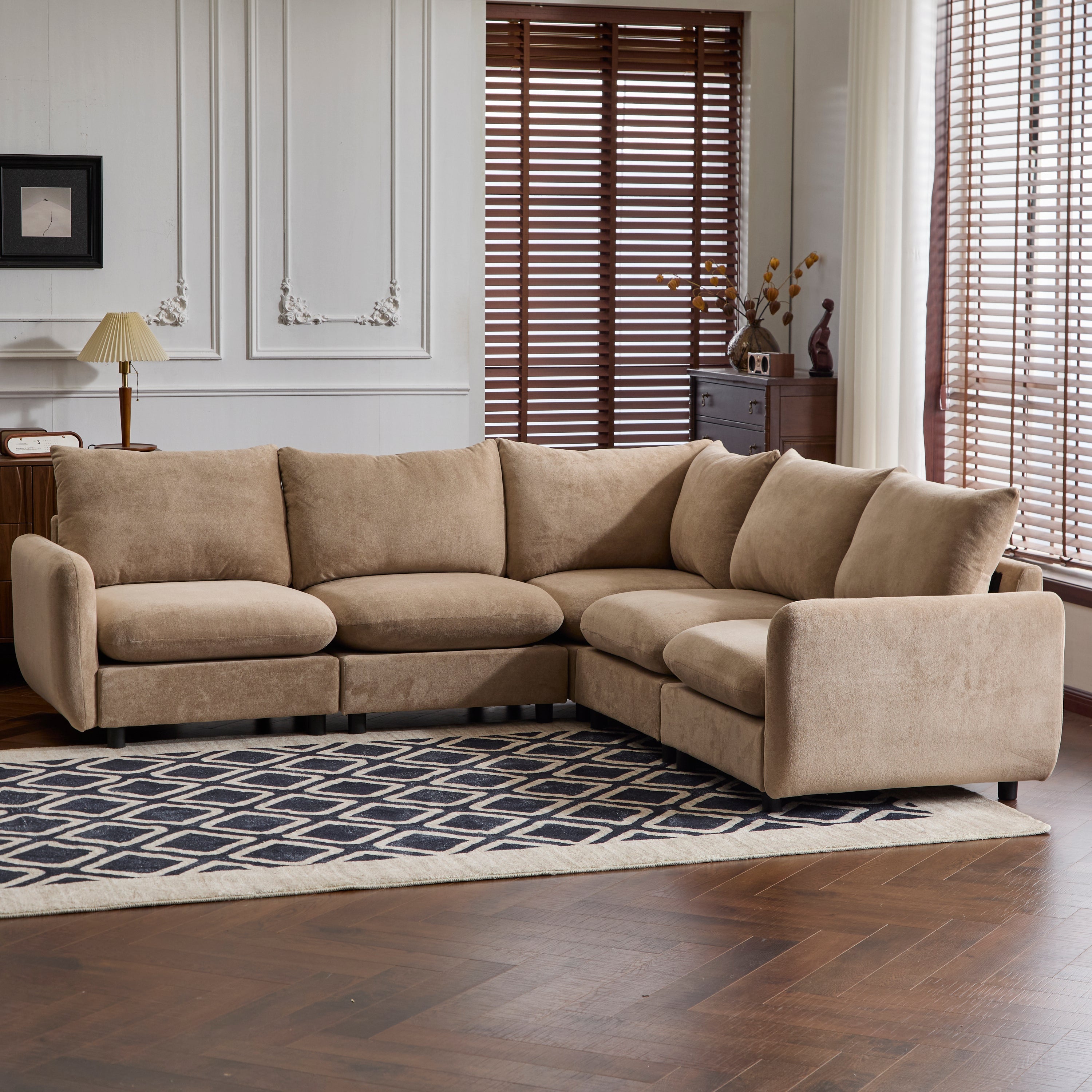 Sectional Sofa Modular Velvet Camel 5 Seat 99 In Eucalyptus Frame