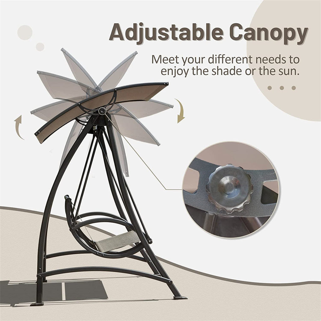 Outdoor Porch Swing 3-Seat Steel Textilene Dark Brown Canopy 73x52 In 970 LB