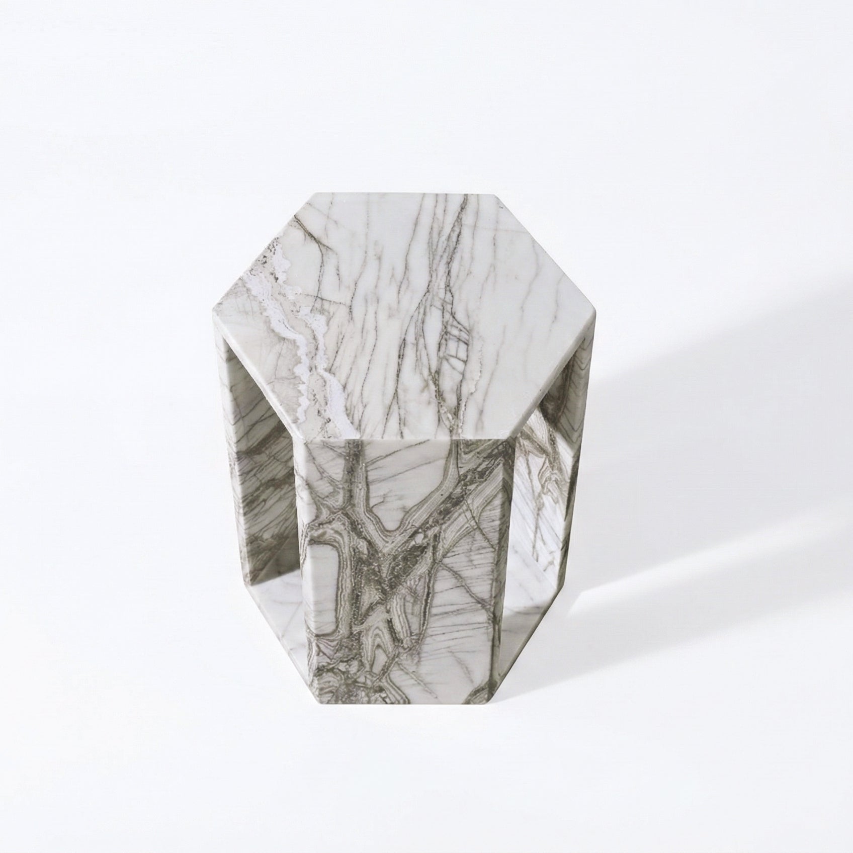 White Marble Hexagon Side Table, 15.7 in, Geometric Stone, Polished Pedestal