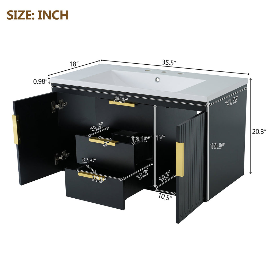 36'' Wall Mounted Bathroom Vanity with Resin Sink and 2 Drawers