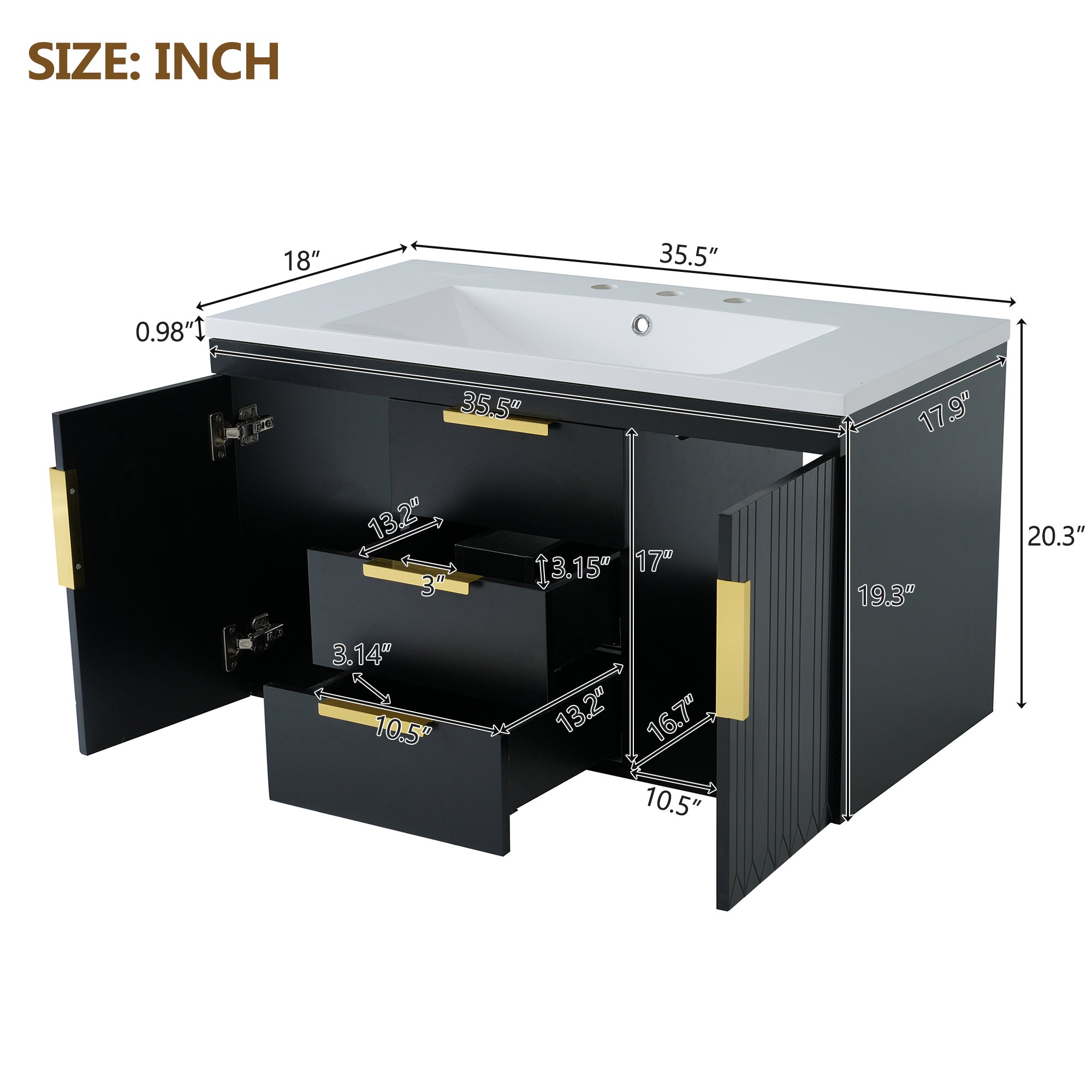 36'' Wall Mounted Bathroom Vanity with Resin Sink and 2 Drawers