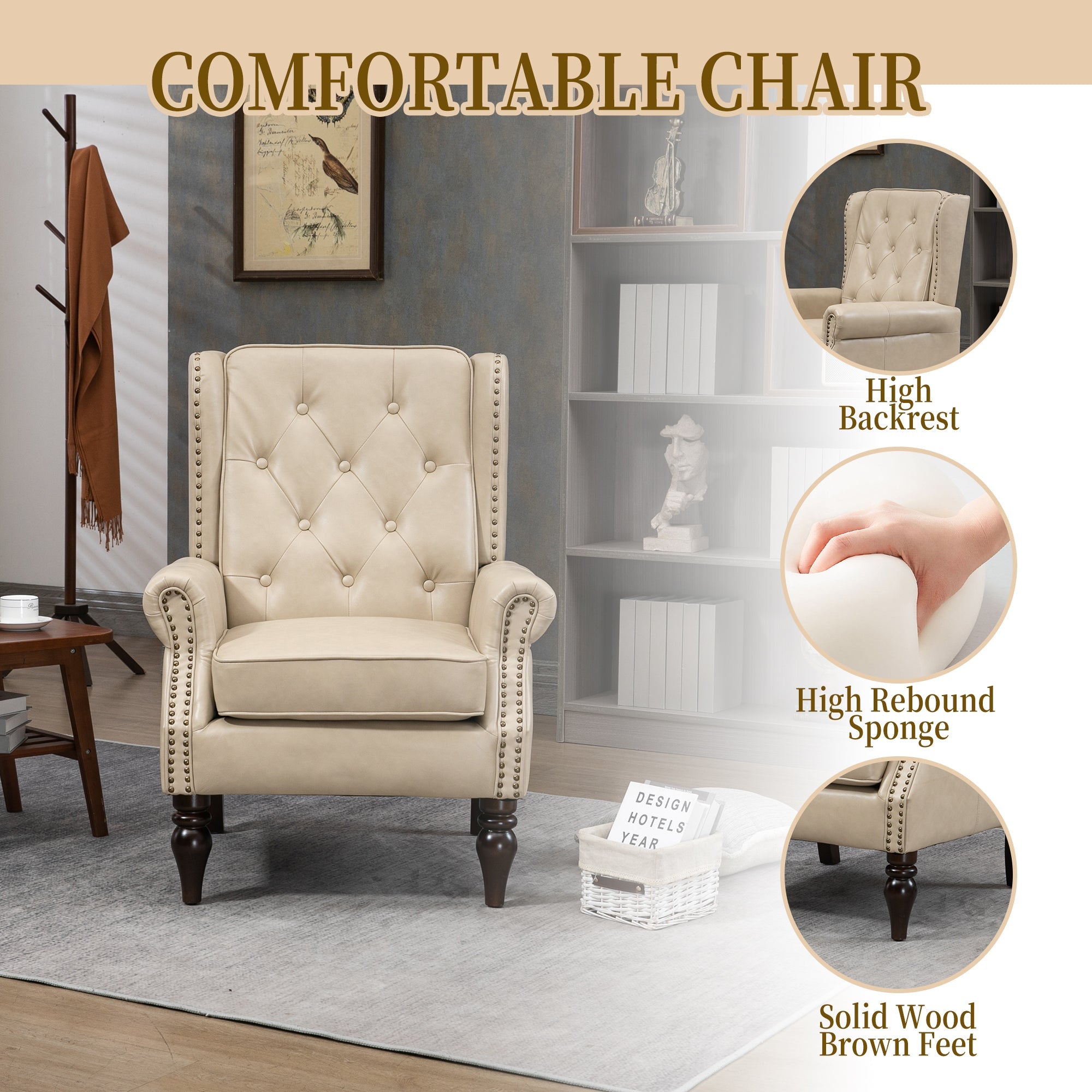 Accent Lounge Chair PU Leather Camel Rubber Wood Legs Sinuous Springs 250 LB