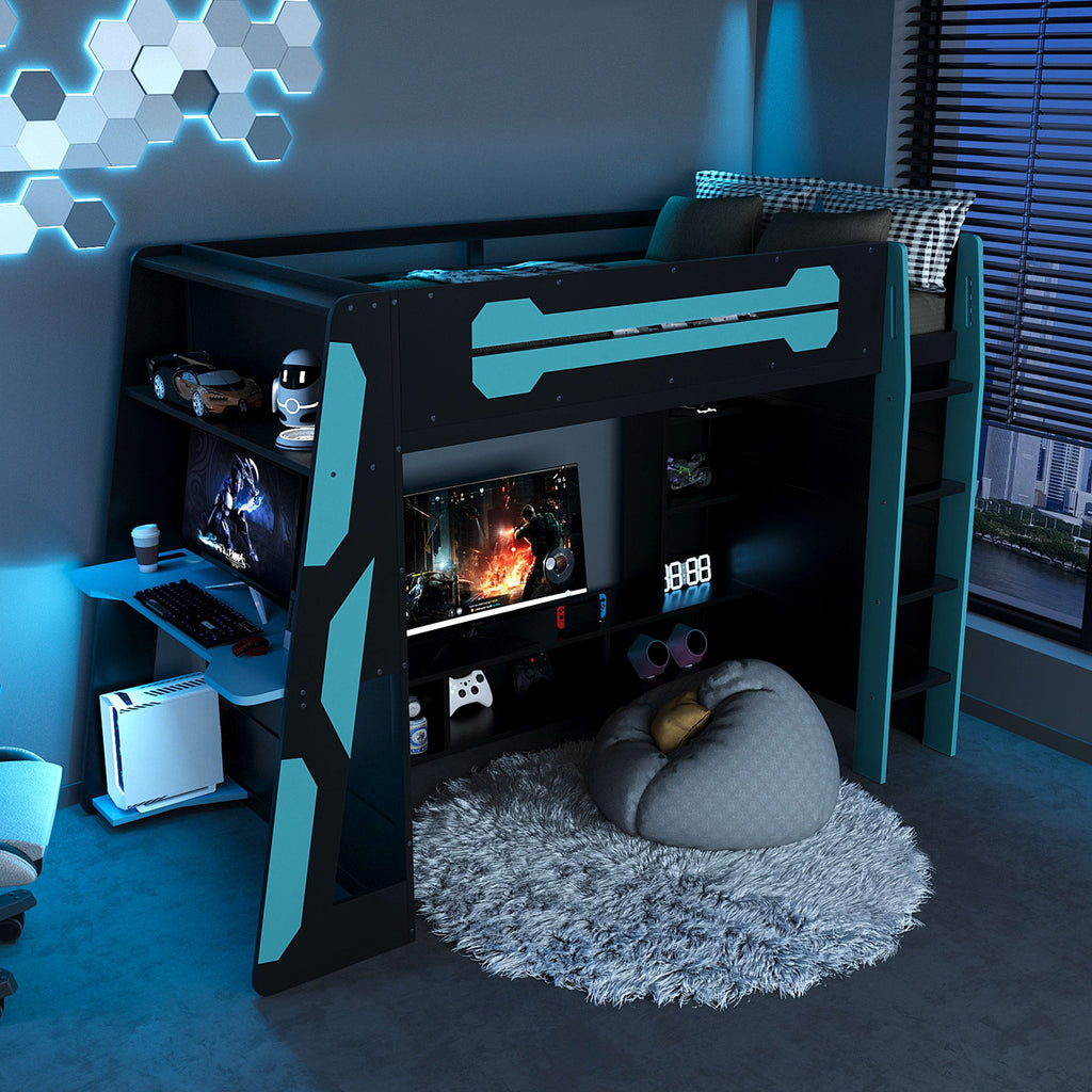 Twin Size Wood Loft Bed with Desk, Multi-storage Shelves and RGB Light, Cloud
