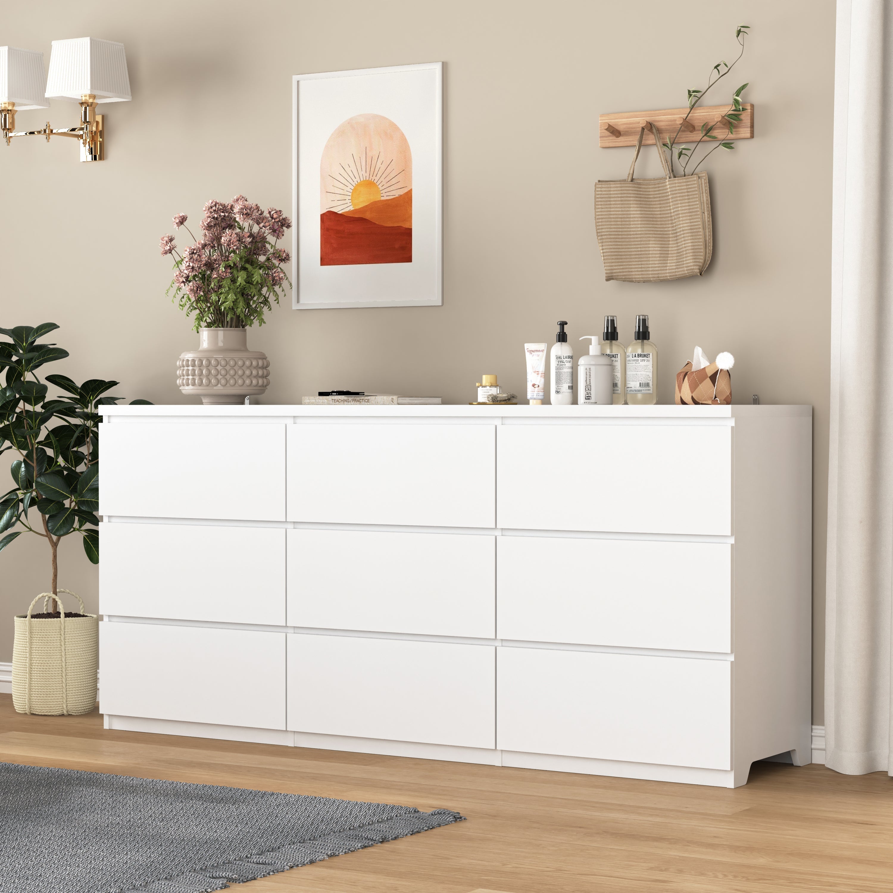 Dresser Modern 9-Drawer White Particle Board Handleless 63x15.74x29.5 In
