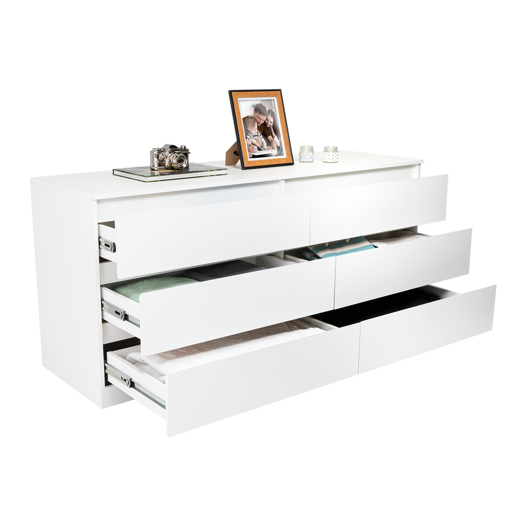 Dresser Minimalist Set of 2 6-Drawer White Particle Board Metal Legs 60.4 In