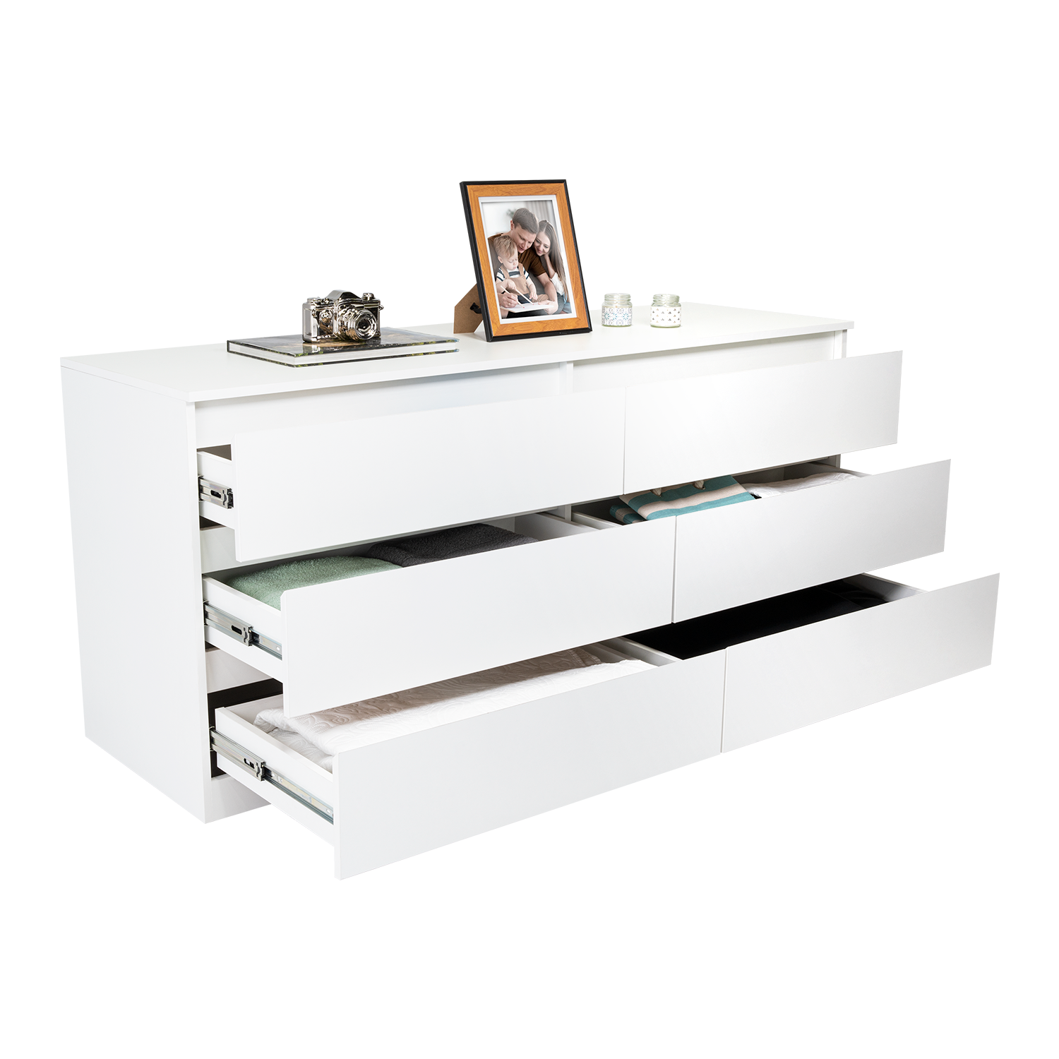 Dresser Minimalist Set of 2 6-Drawer White Particle Board Metal Legs 60.4 In