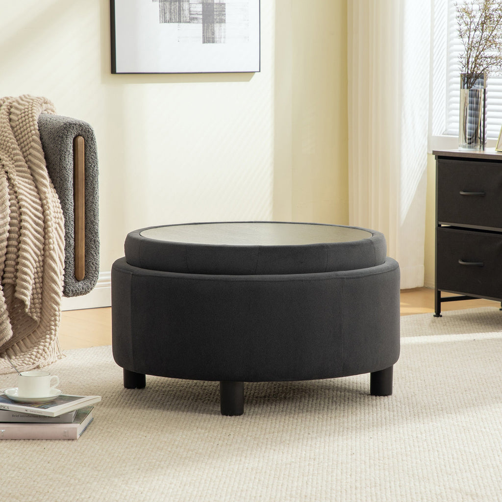 29.33' Round Upholstered Ottoman with Reversible Lid, Fleece Fabric, Gray