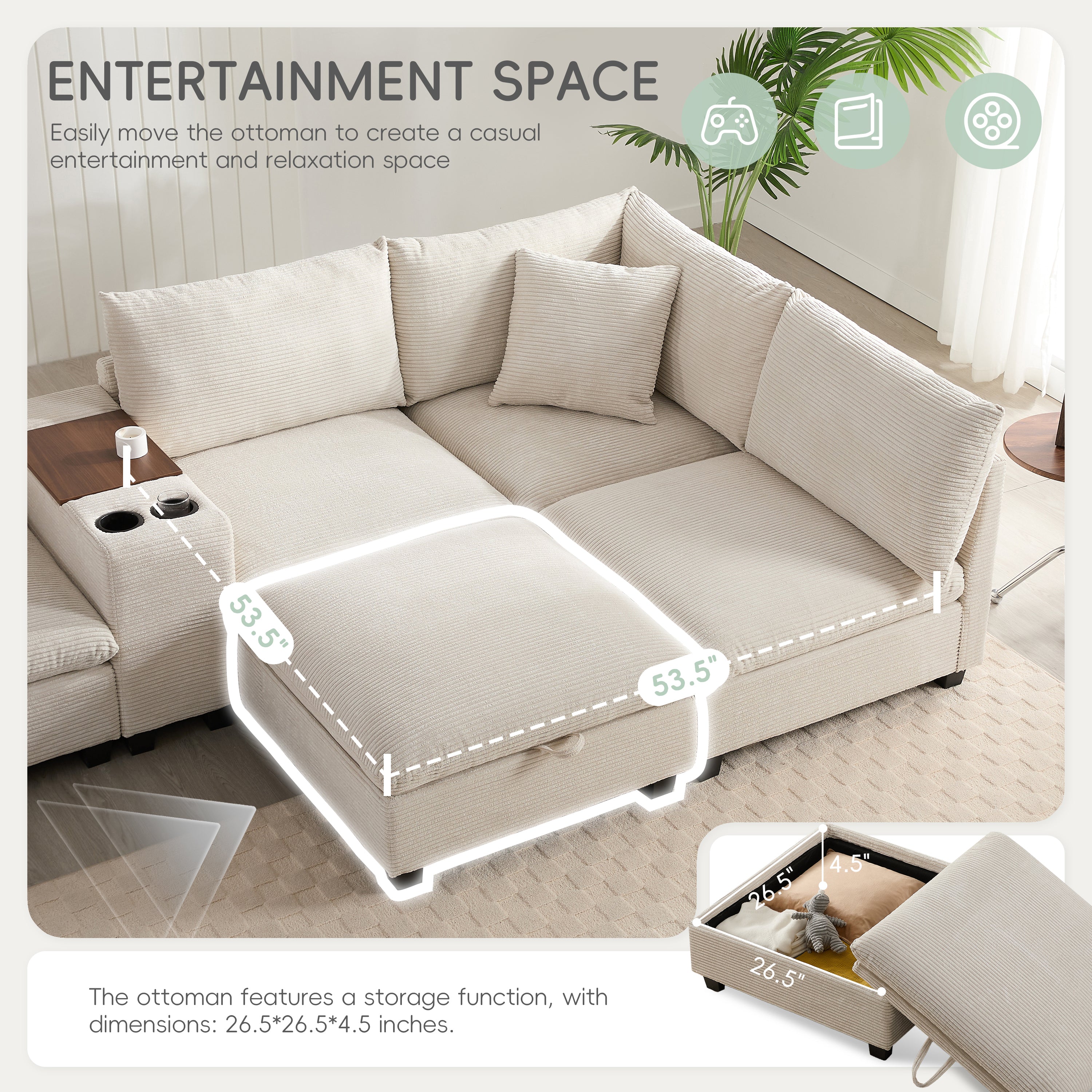 Sectional Sofa U-Shape Corduroy Beige 6 Seat Storage Ottoman USB 140 In