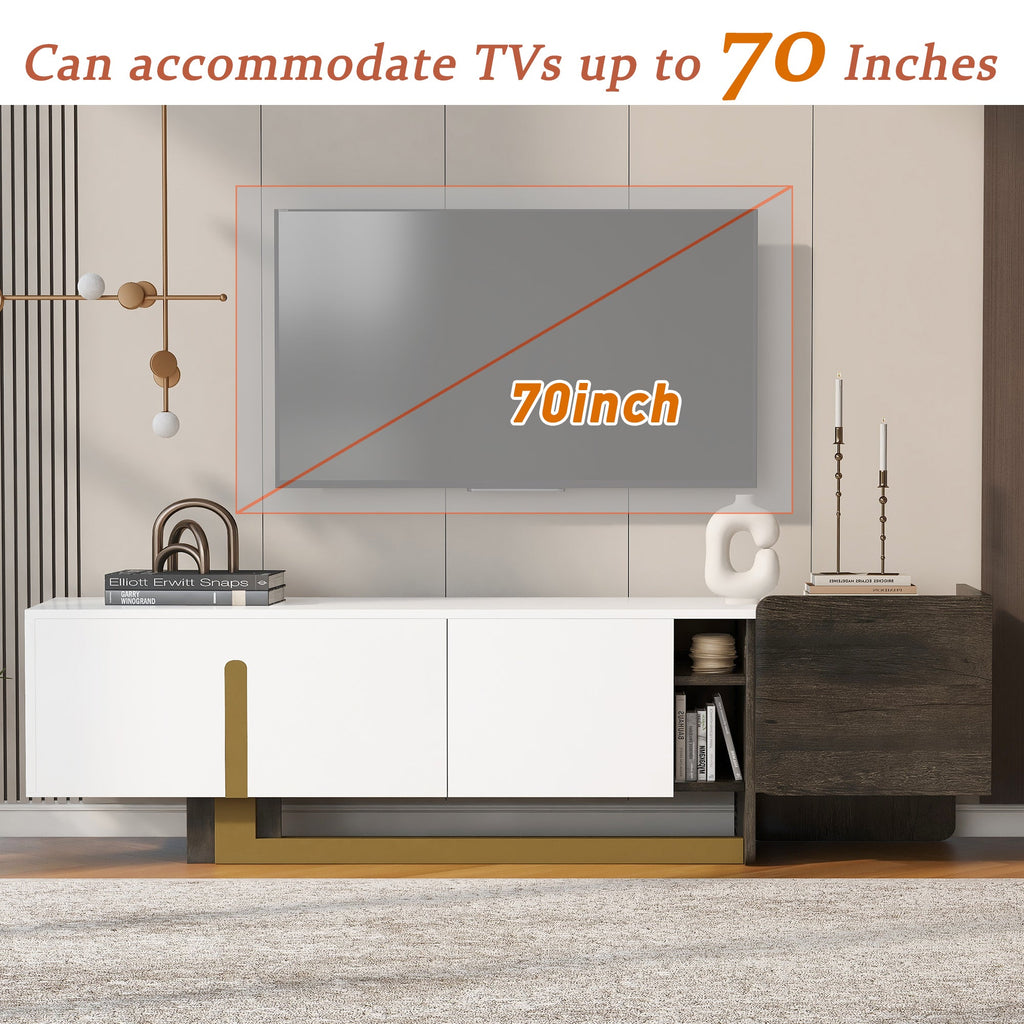 TV Stand Luxury White MDF Metal Legs Drawer 2-Cabinet Fits 70 In TV 66.7 In