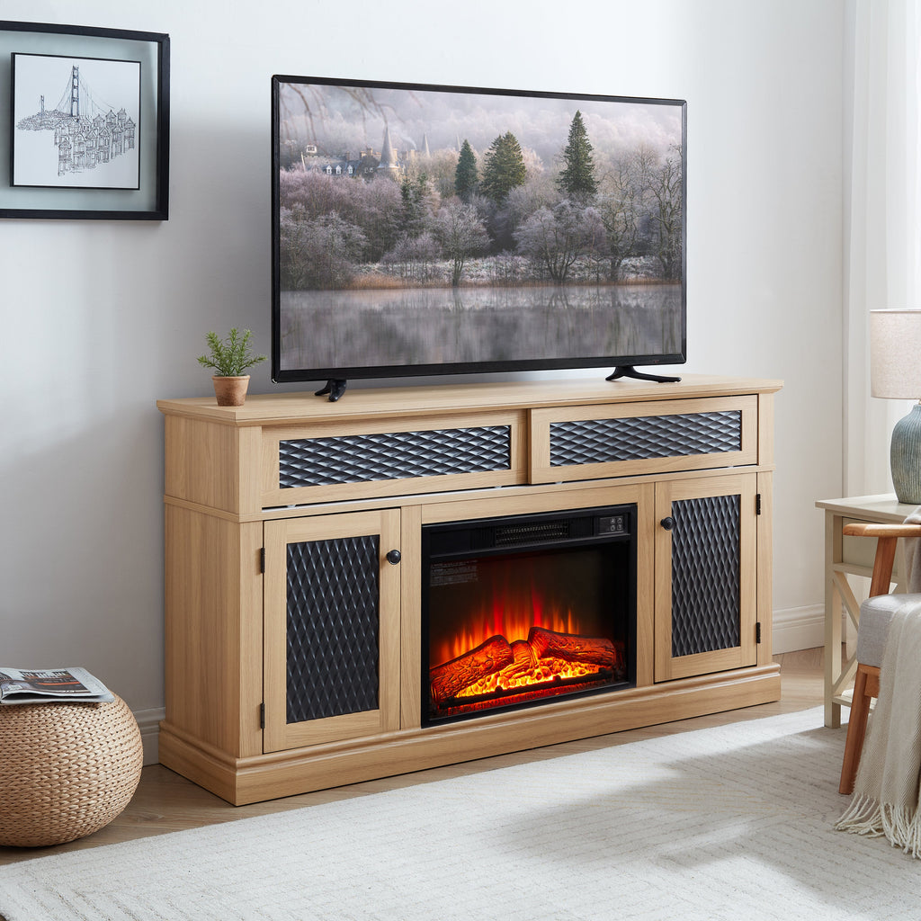 TV Stand Fireplace Light Oak MDF Embossed Doors 1400W Fits 65 In TV 58.27 In