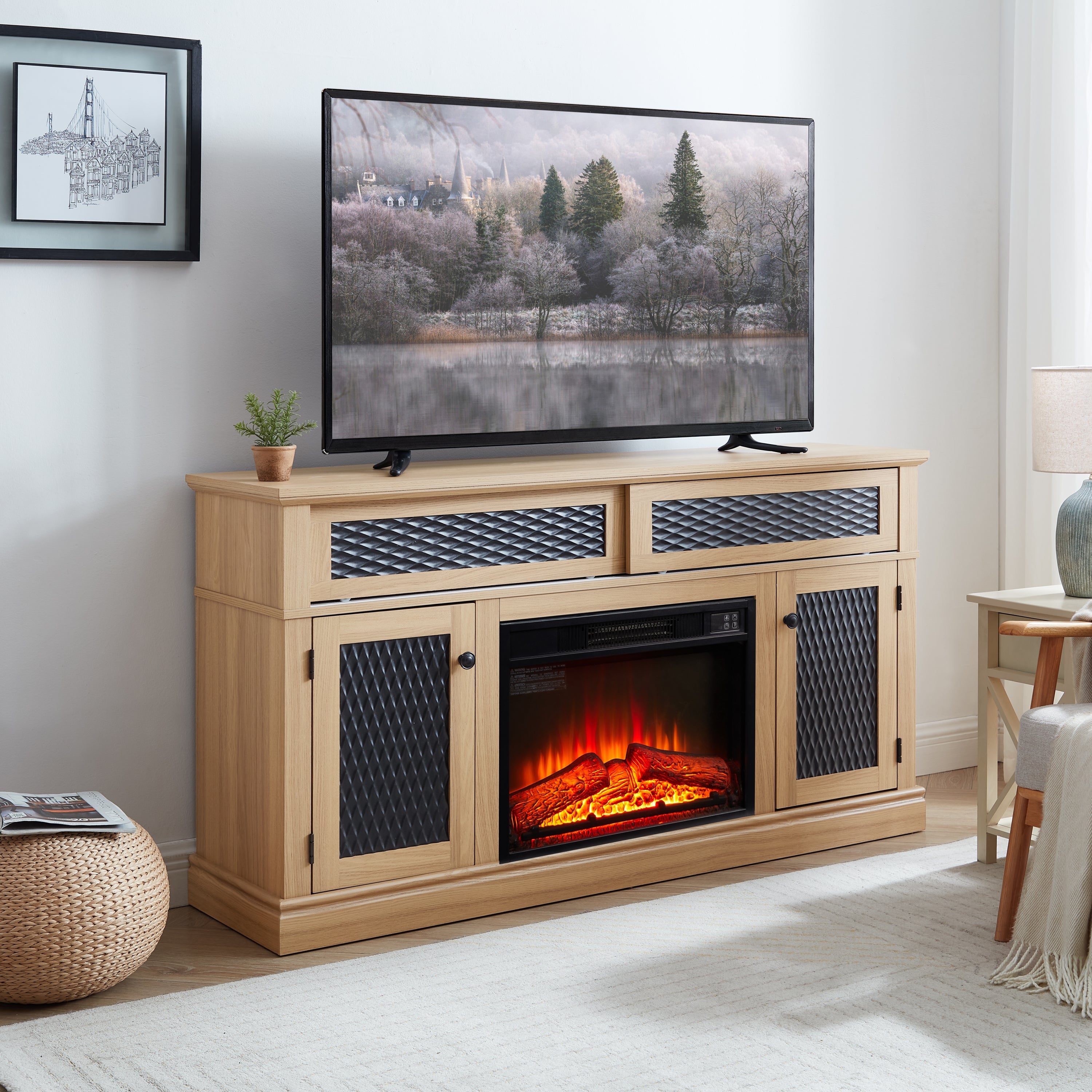 TV Stand Fireplace Light Oak MDF Embossed Doors 1400W Fits 65 In TV 58.27 In