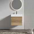 24' Rough Oak Bathroom Vanity with White Glossy Engineered Quartz Sink Soft Drawers