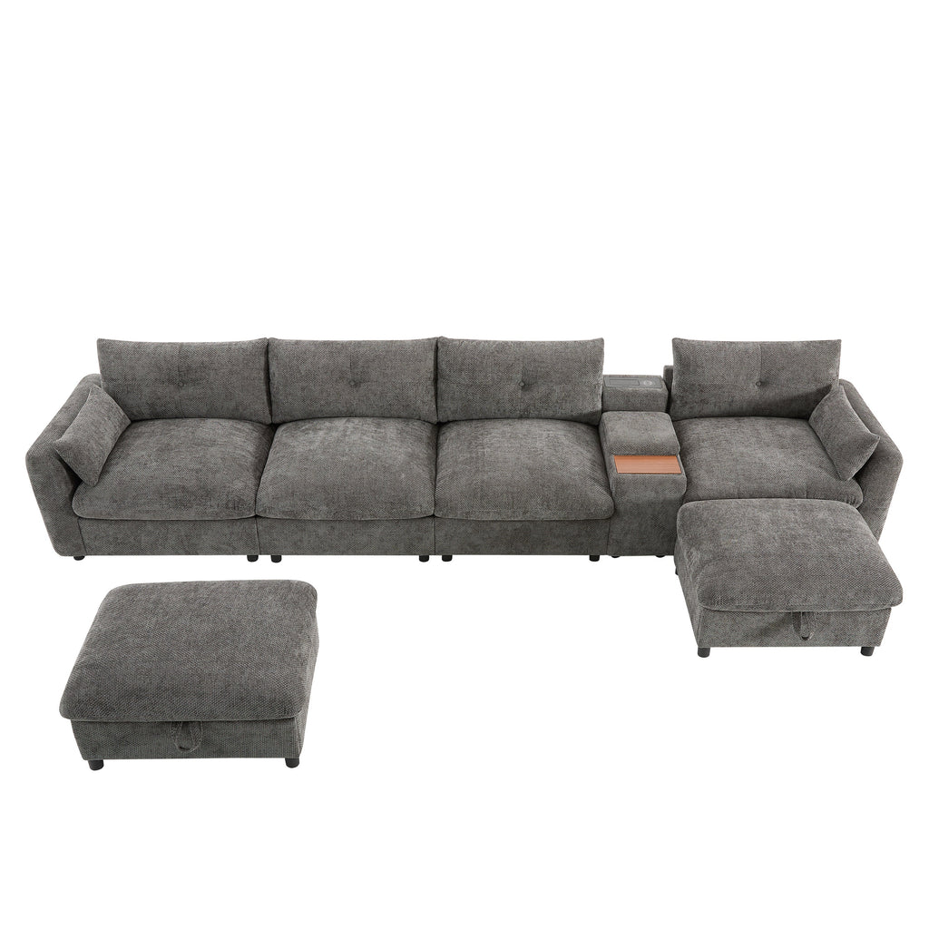 Sectional Sofa U-Shape Chenille Gray 6 Seat USB Console 136 In
