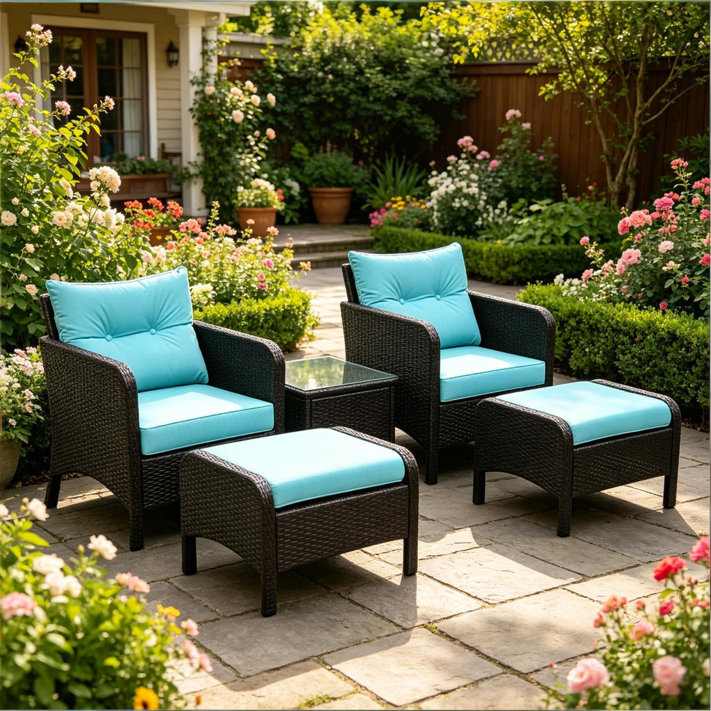 Outdoor Conversation Set PE Rattan Blue Brown 5 Piece 2 Chairs Footstools