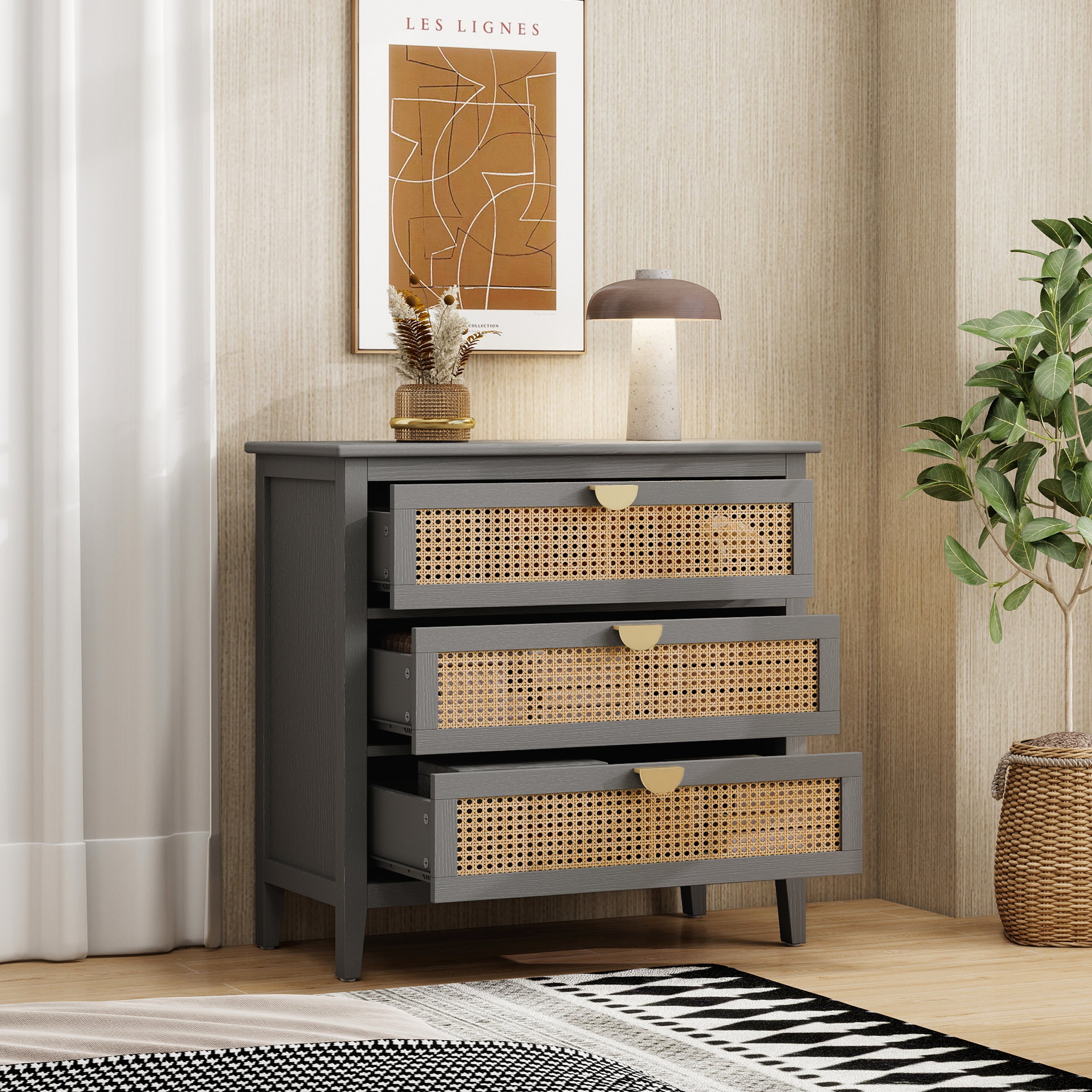 3-Drawer Cabinet - Natural Rattan - Suitable for Bedroom, Living Room, or Study