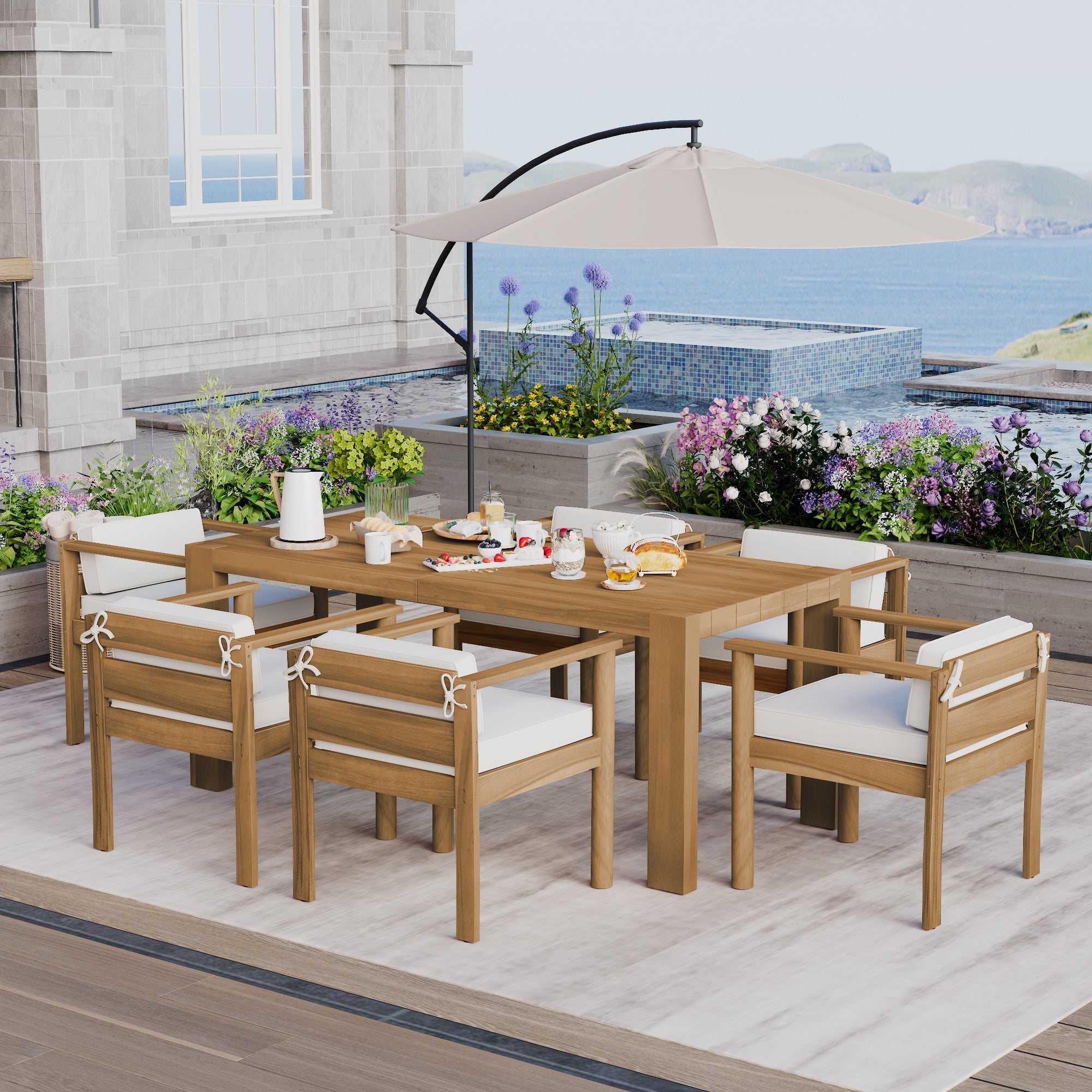 Outdoor Dining Set Acacia Wood Light Teak 7 Piece Rectangle Seats 6
