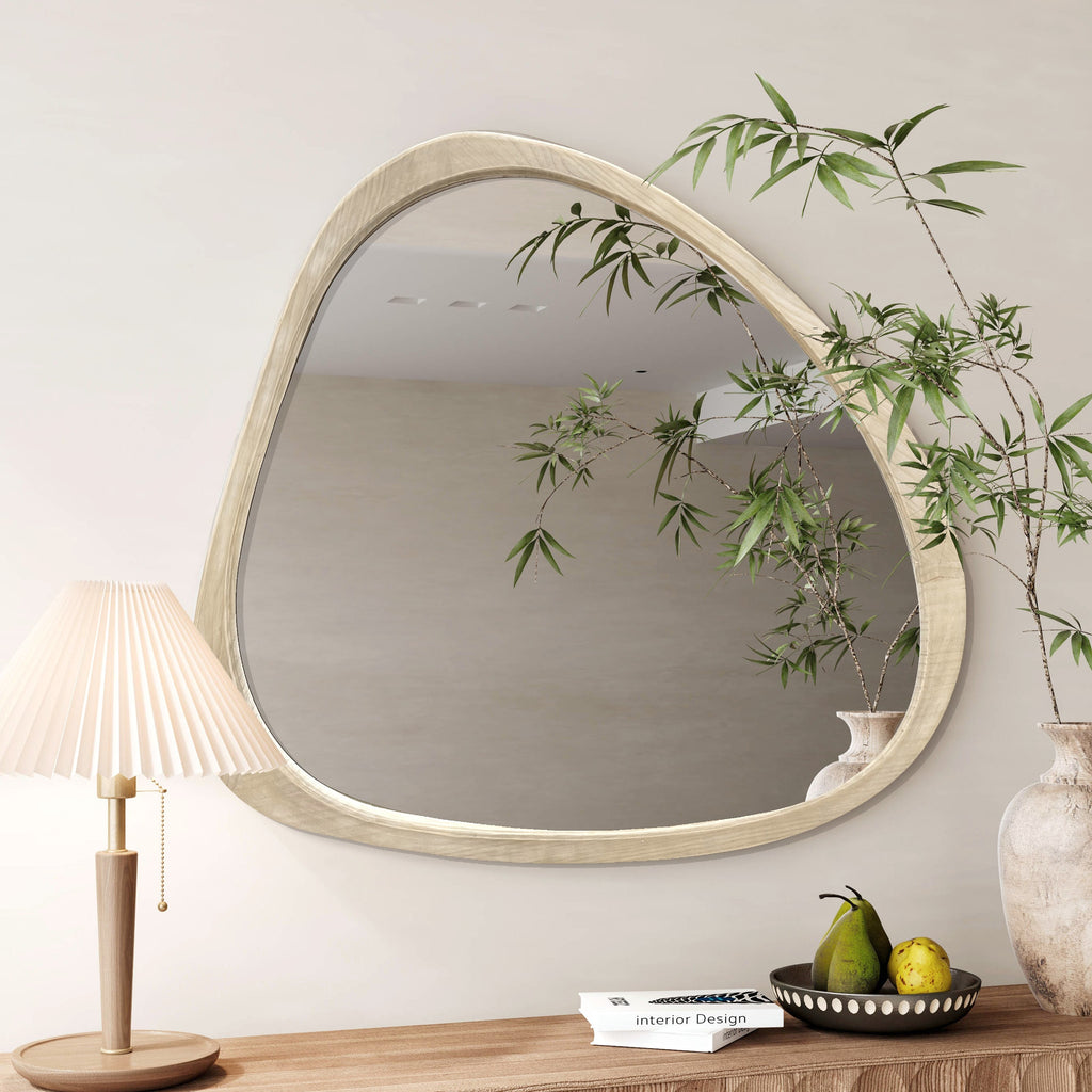 Wall Mirror Asymmetrical Solid Pine Wood Natural Mid-Century 44.9x38.9 In