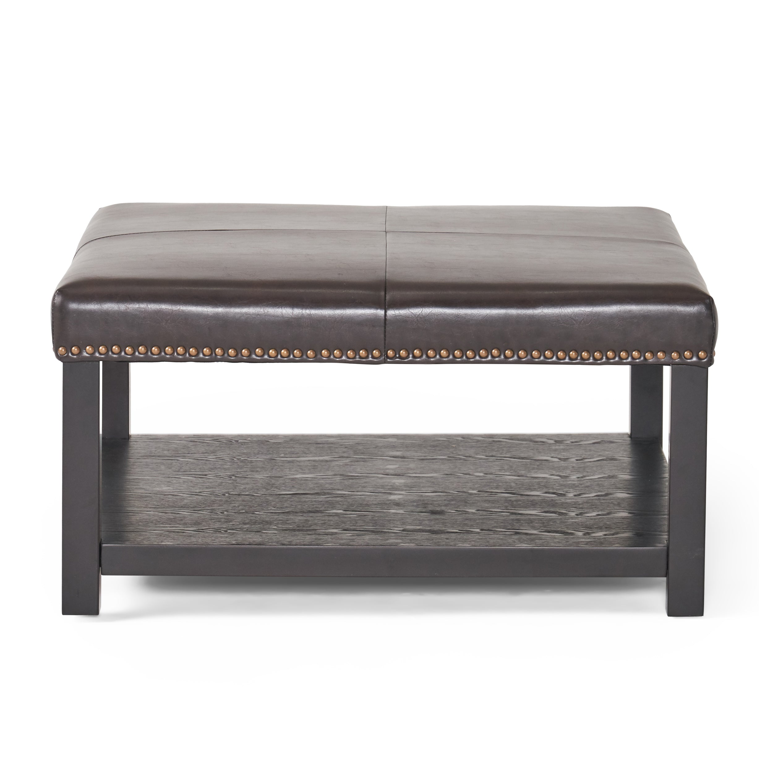 Large Square Ottoman Bench Faux Leather Coffee Table with Rack and Wood Legs