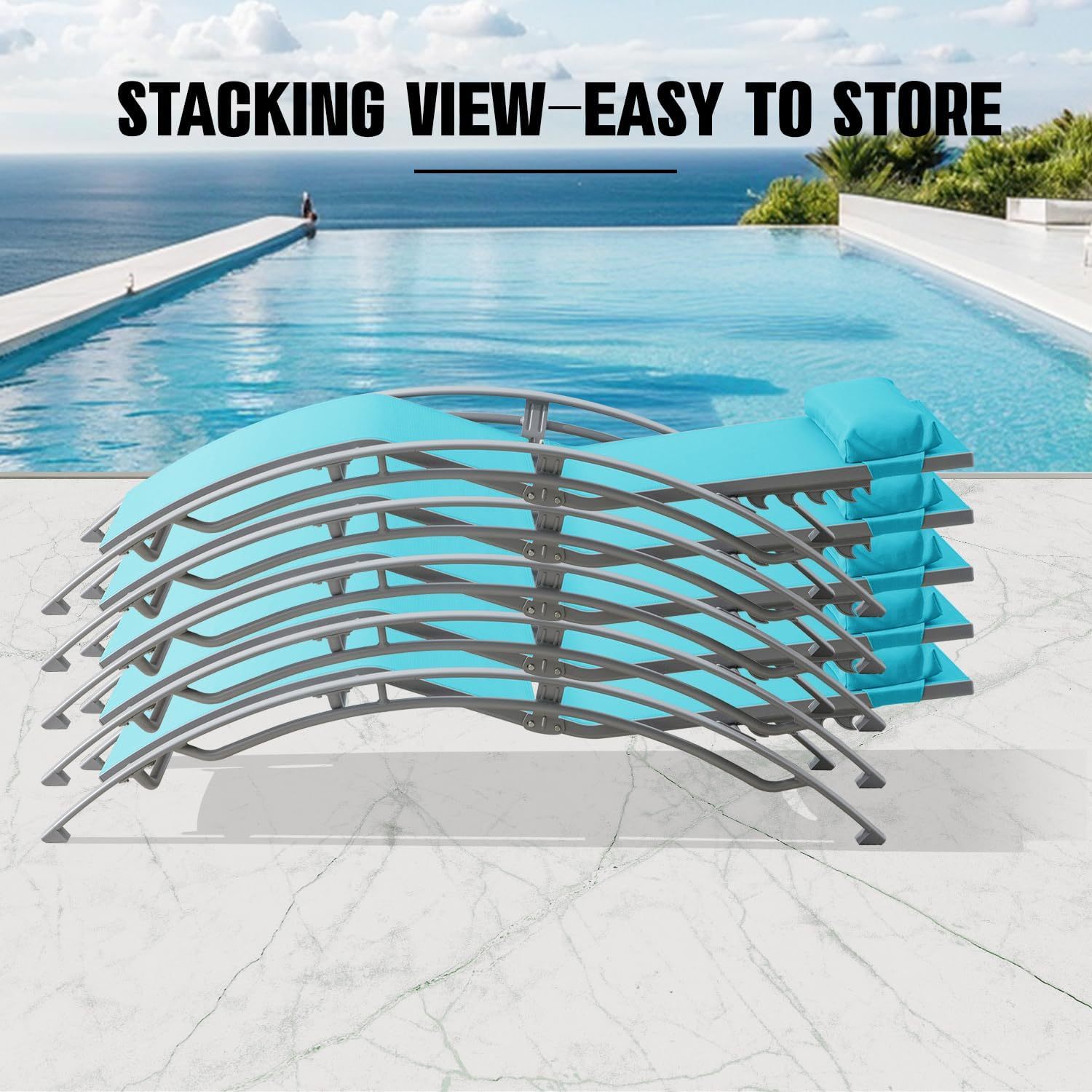 Outdoor Lounge Chair Aluminum Lake Blue Textilene 5 Position 350 LB