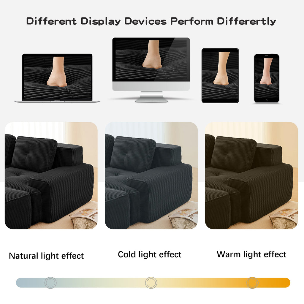 Sectional Sofa Modular Corduroy Black 3 Seat Tufted No Assembly
