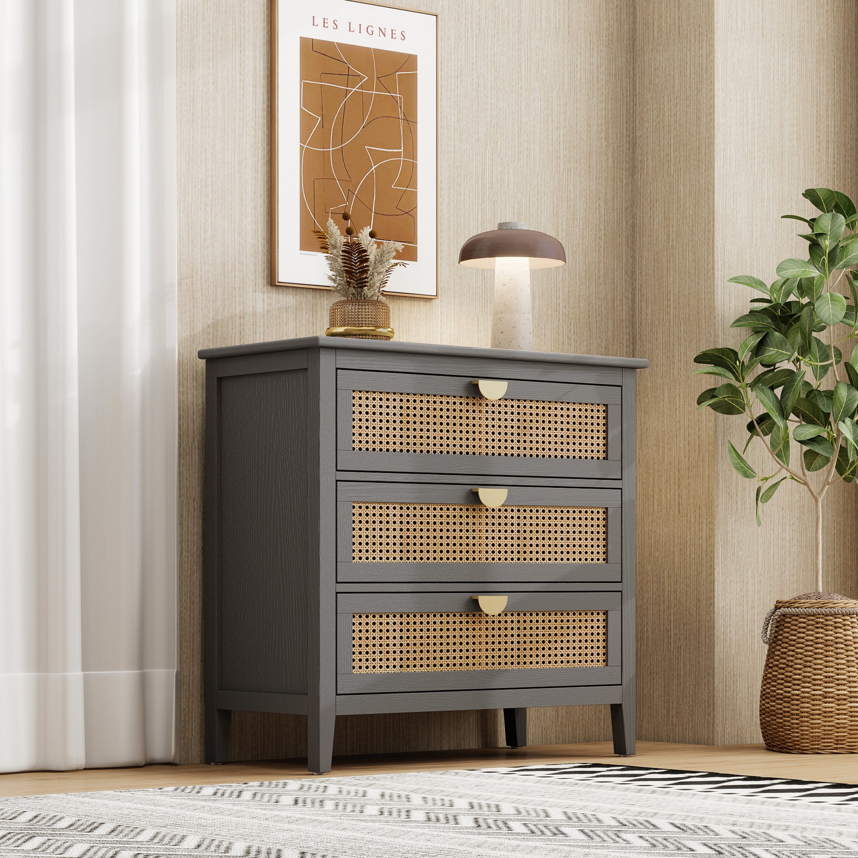 3-Drawer Cabinet - Natural Rattan - Suitable for Bedroom, Living Room, or Study
