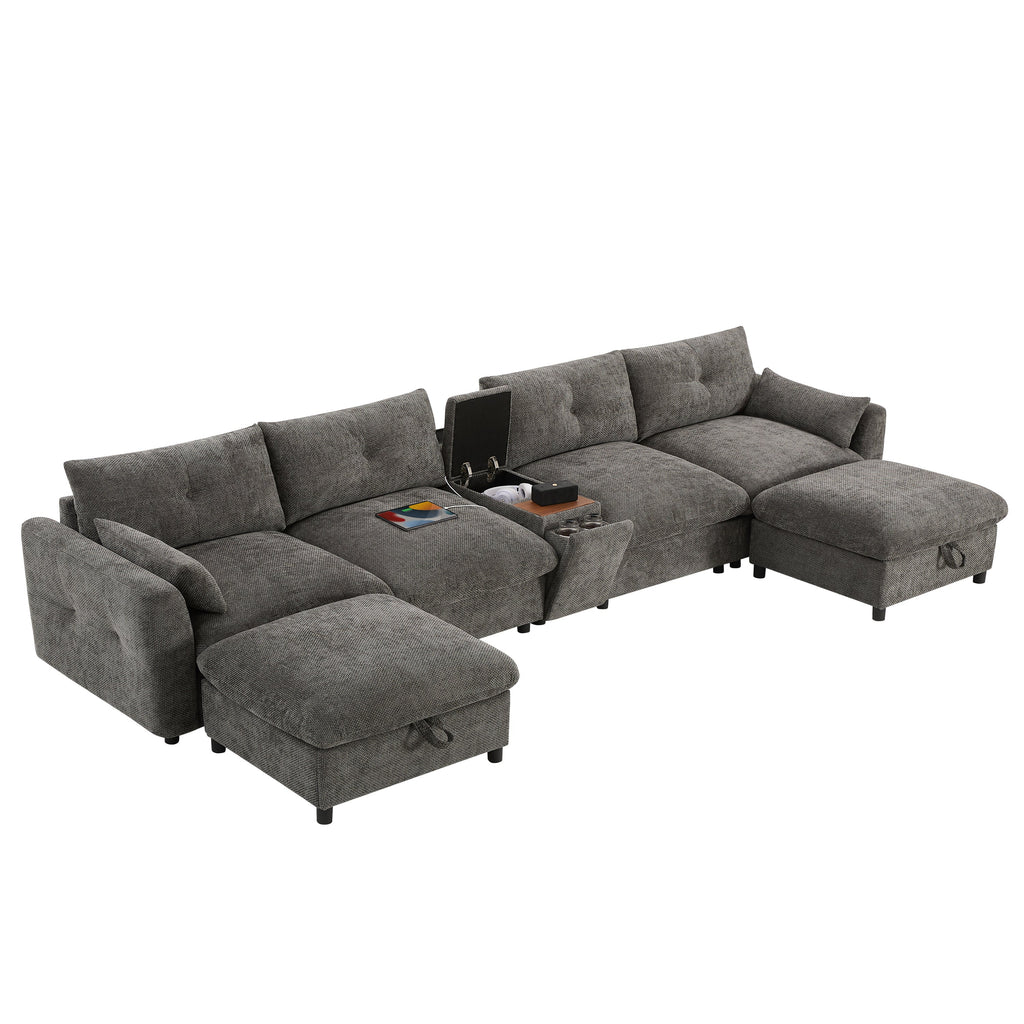 Sectional Sofa U-Shape Chenille Gray 6 Seat USB Console 136 In