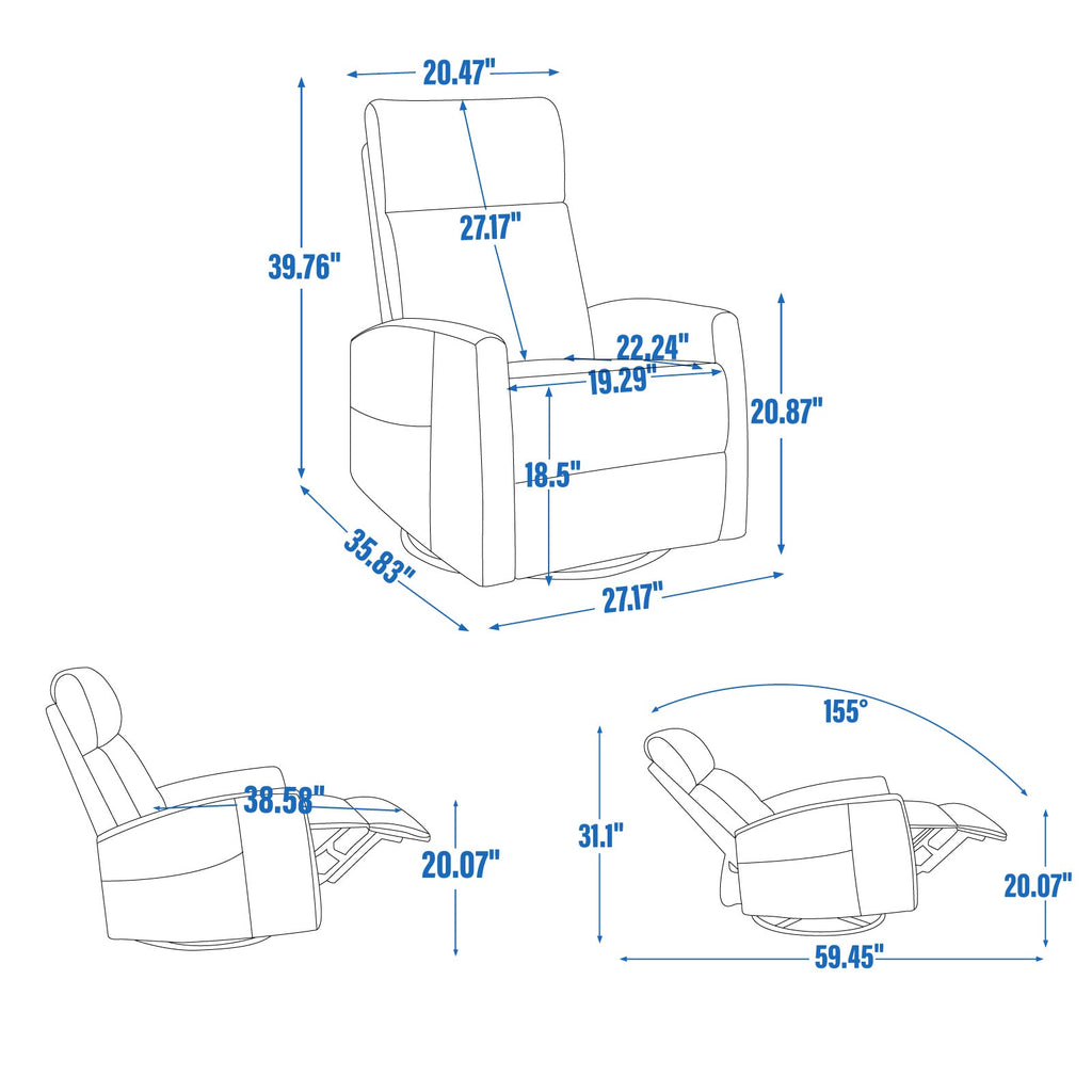 Recliner Chair Swivel Rocker Polyester Brown 360 Degree Heat Massage 155