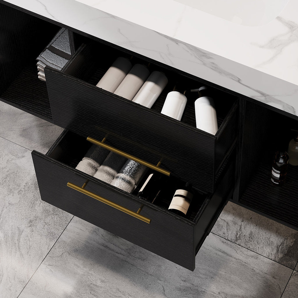 39.4' Floating Bathroom Vanity with Ceramic Sink, 2 Drawers and 2 Open Shelves