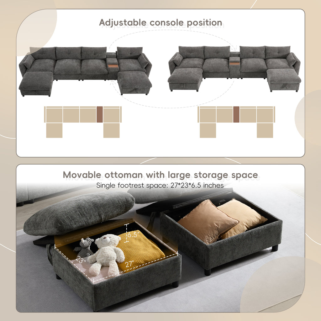 Sectional Sofa U-Shape Chenille Gray 6 Seat USB Console 136 In
