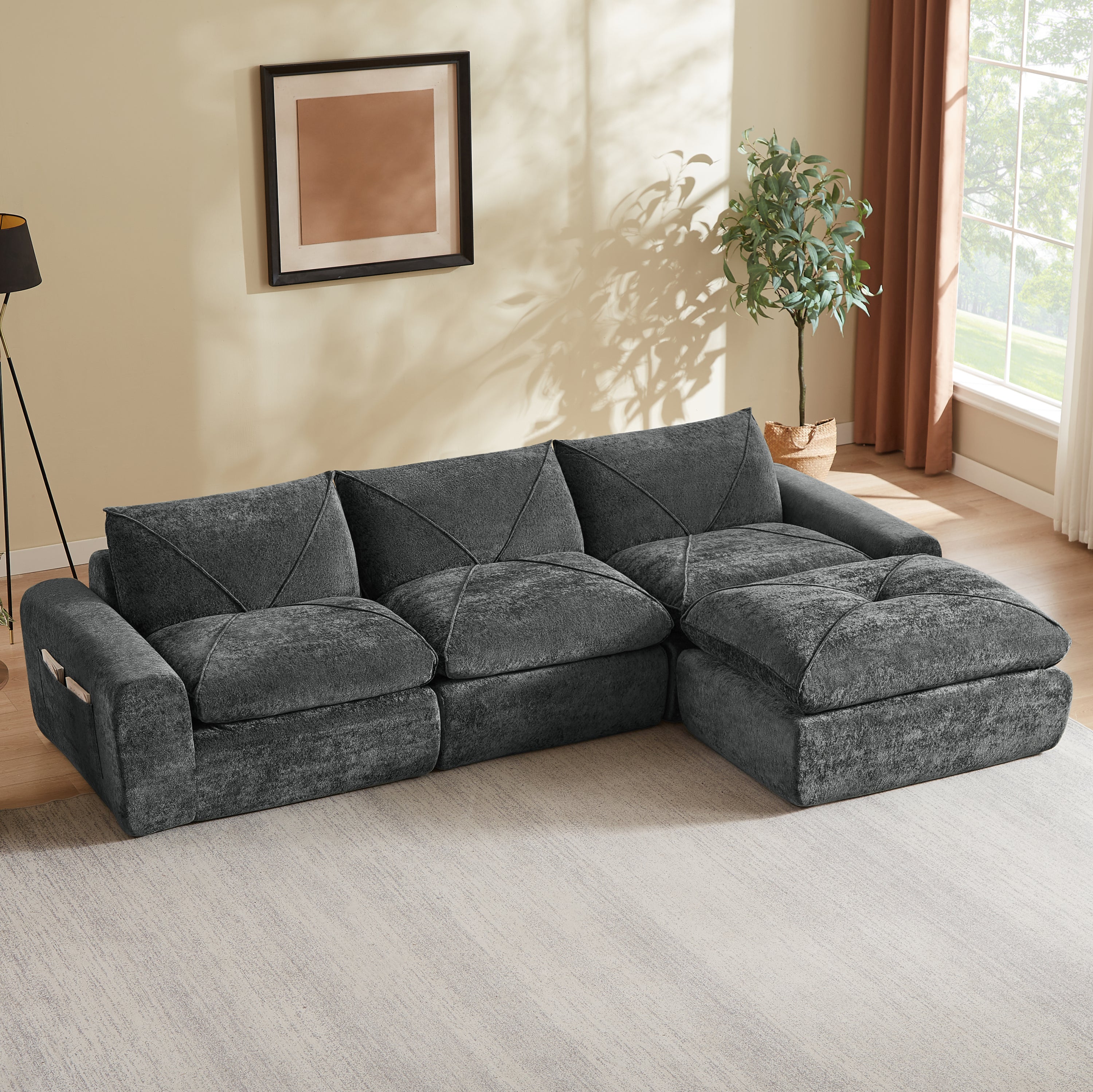 Sofa Modern Chenille Dark Gray 4 Seat Built-In Footrest 119 In