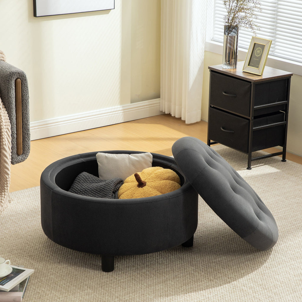 29.33' Round Upholstered Ottoman with Reversible Lid, Fleece Fabric, Gray