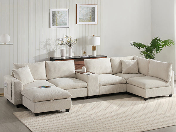 Sectional Sofa U-Shape Corduroy Beige 6 Seat Storage Ottoman USB 140 In