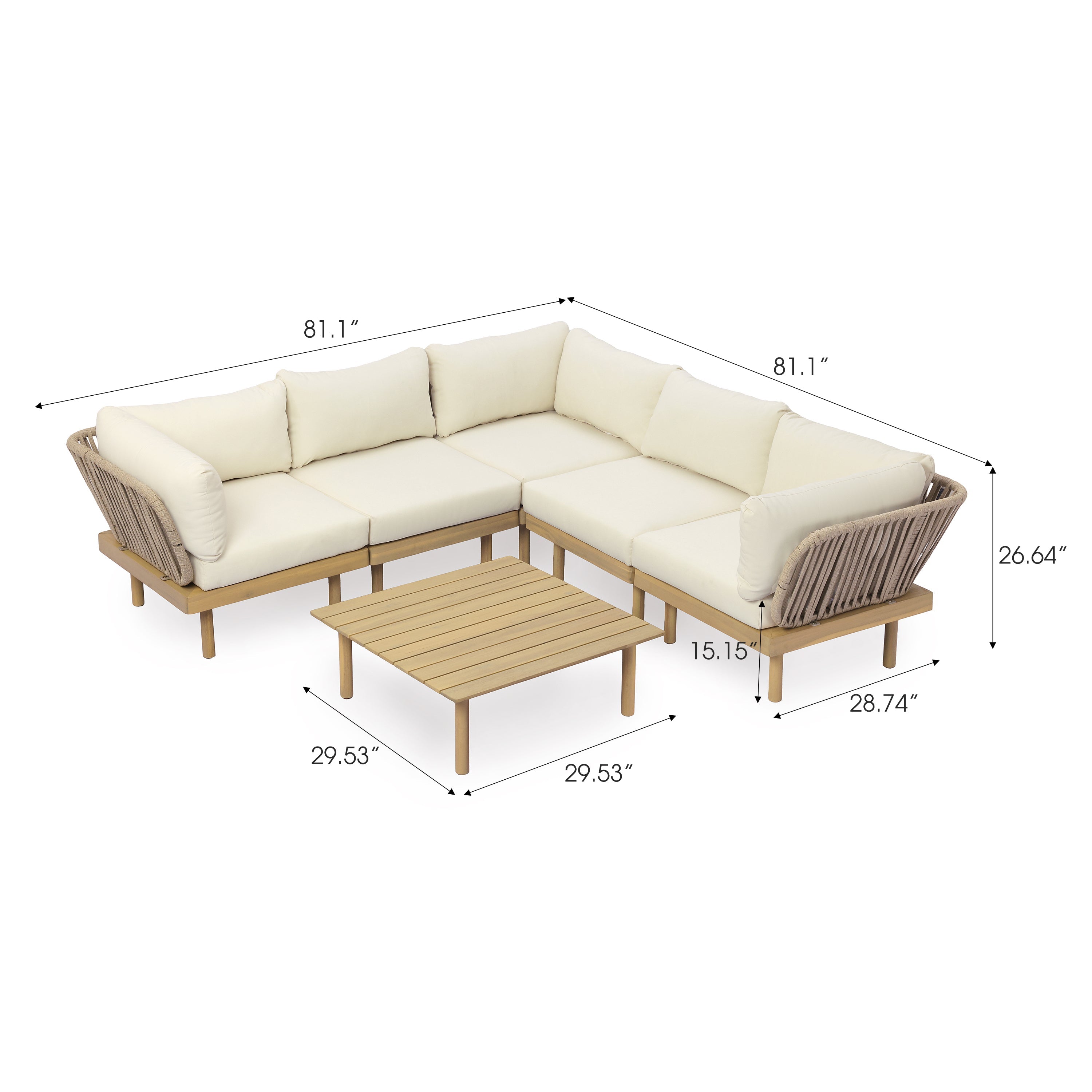 Outdoor Sectional Set Acacia Wood Rope L-Shape Beige 6 Piece