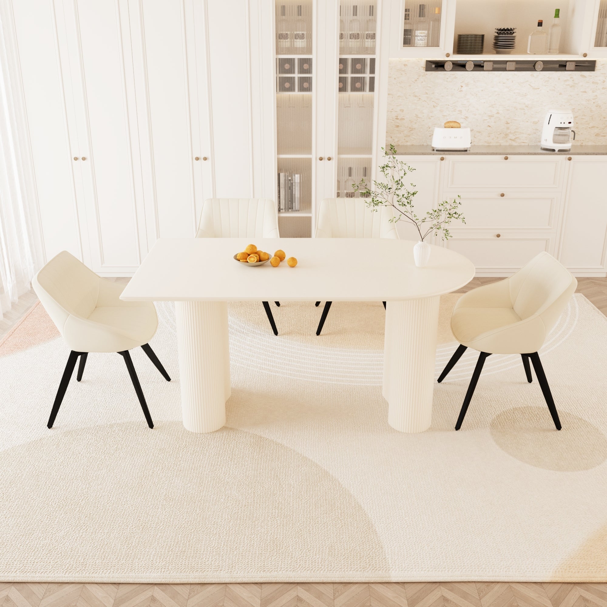 63' medieval modern cream style MDF dining table and beige PU dining chair set,