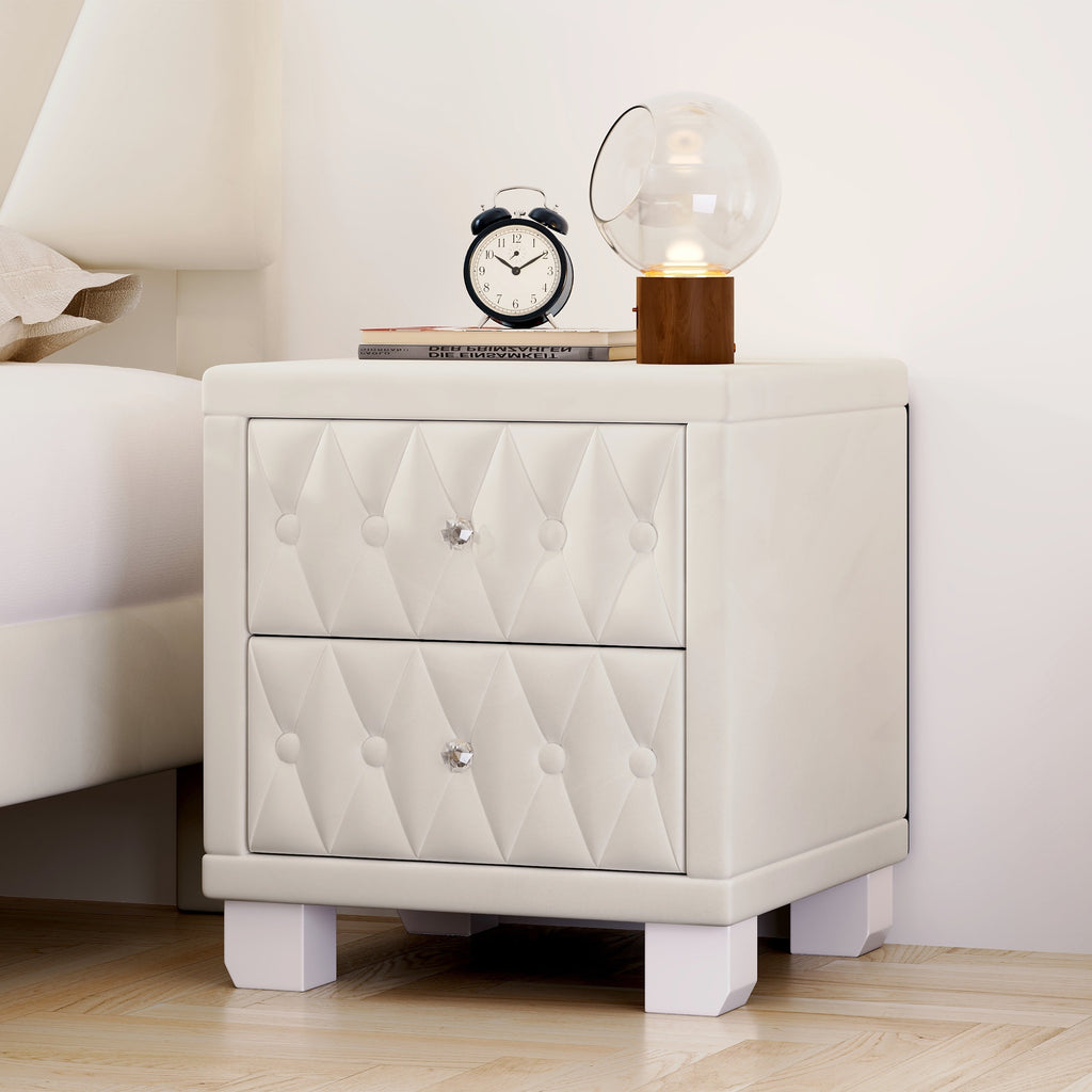 Velvet Nightstand with 2 Drawers, Crystal Handle, Button-Tufted, Beige