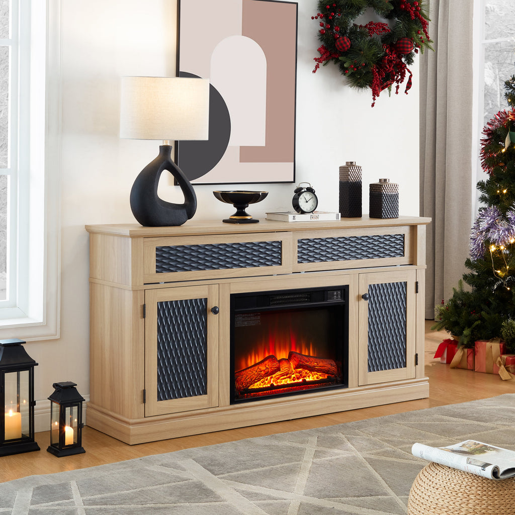 TV Stand Fireplace Light Oak MDF Embossed Doors 1400W Fits 65 In TV 58.27 In