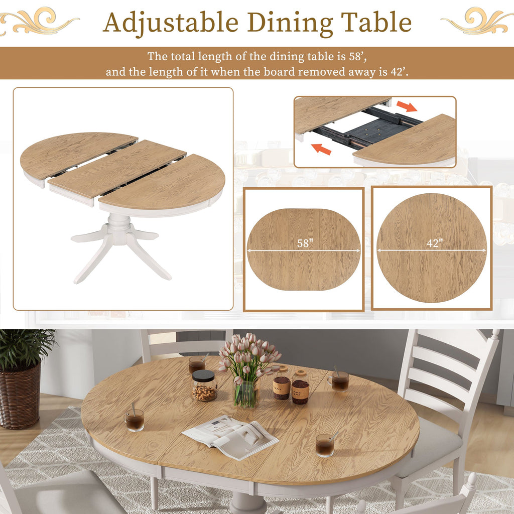 5-Piece Retro Functional Dining Table Set Wood Round Extendable Dining Table
