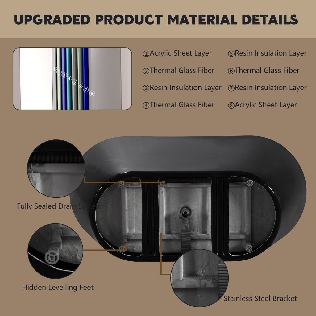 59in Glossy Black Acrylic Freestanding Soaking Tub with Chrome Drain, cUPC