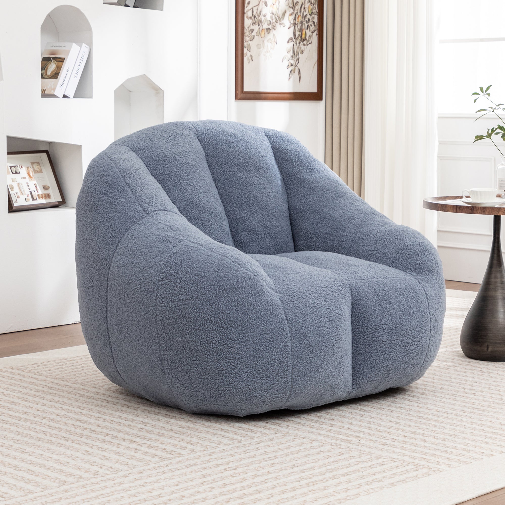 Bean Bag Chair Plush Faux Fur Light Blue Memory Foam Ergonomic Armrests 37.4 In
