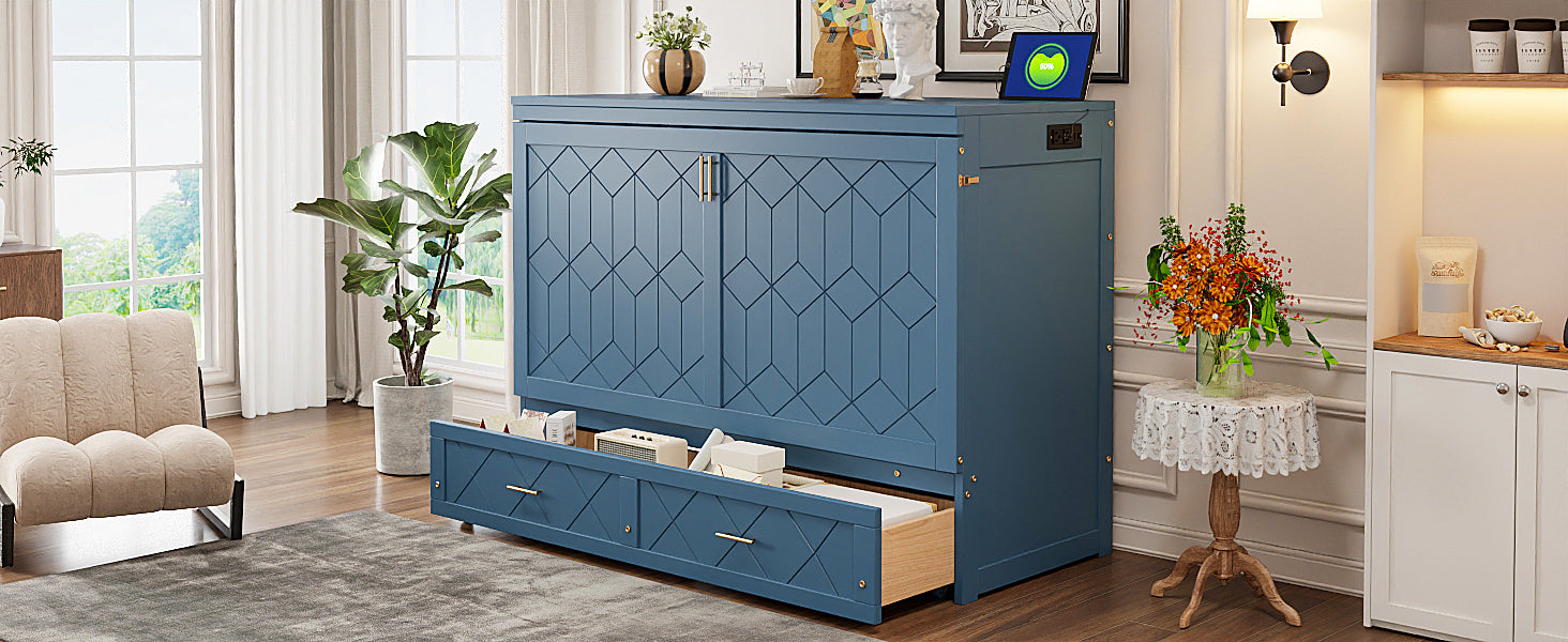 Queen Size Murphy Bed Wall Bed with Drawer and Sockets and USB Ports, Navy Blue