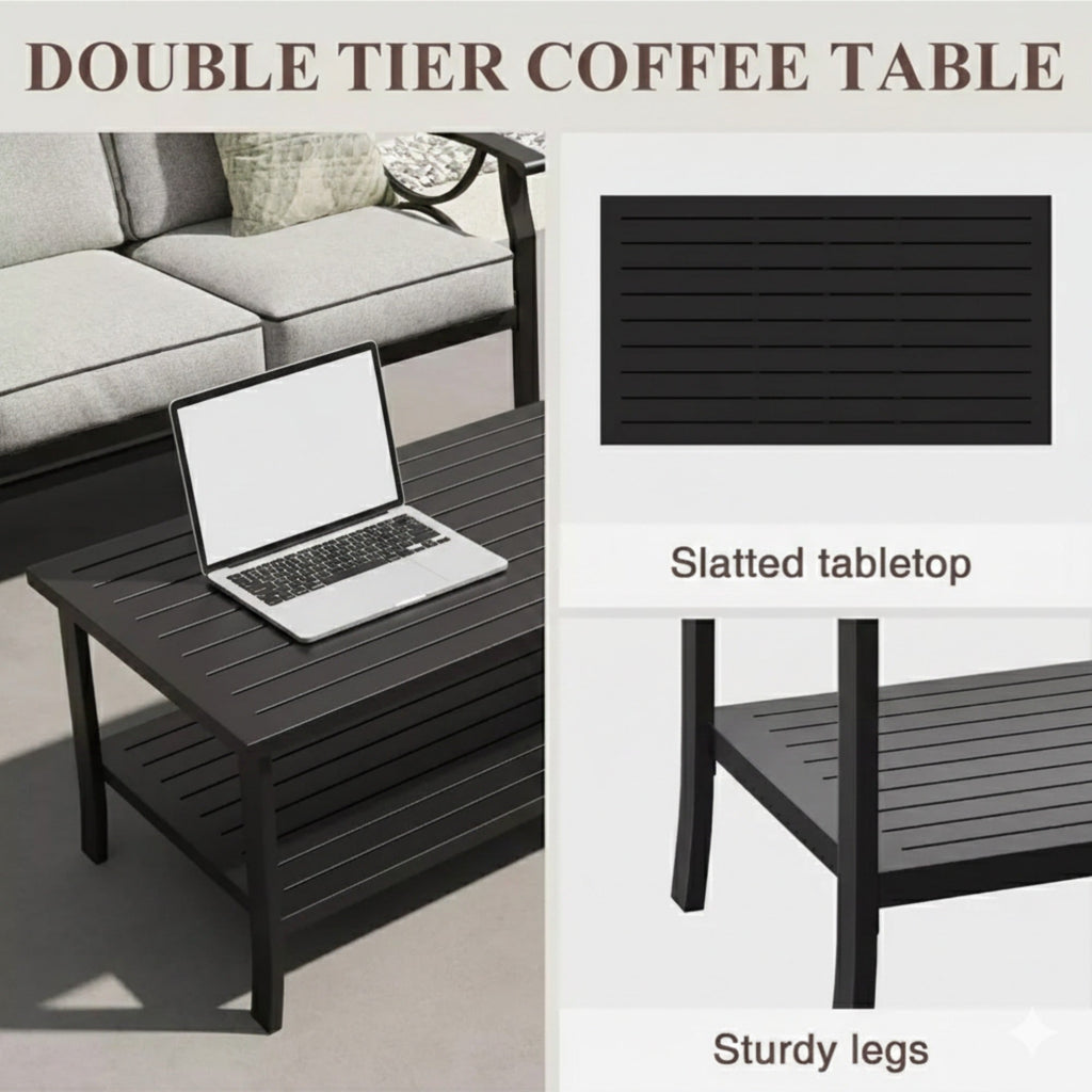 Outdoor Patio Set Metal Black Gray Cushion 4 Piece Seats 5
