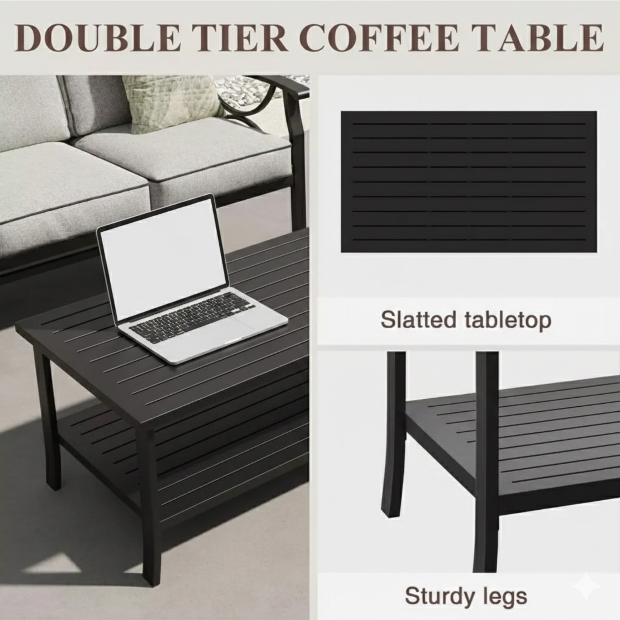 Outdoor Patio Set Metal Black Gray Cushion 4 Piece Seats 5