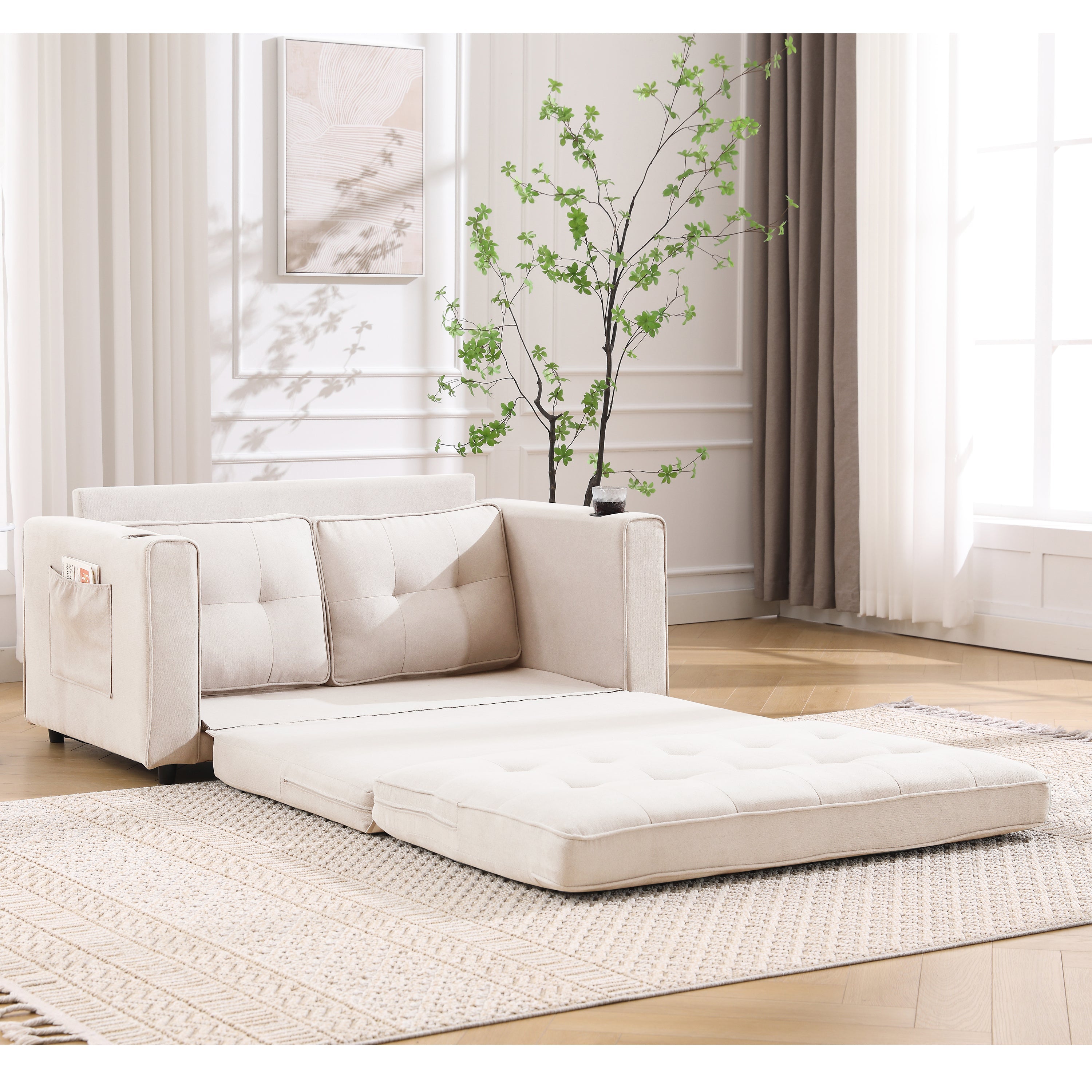 Sofa Bed Futon Tufted 3-in-1 Beige Pull-Out Sleeper Cup Holders 55 In